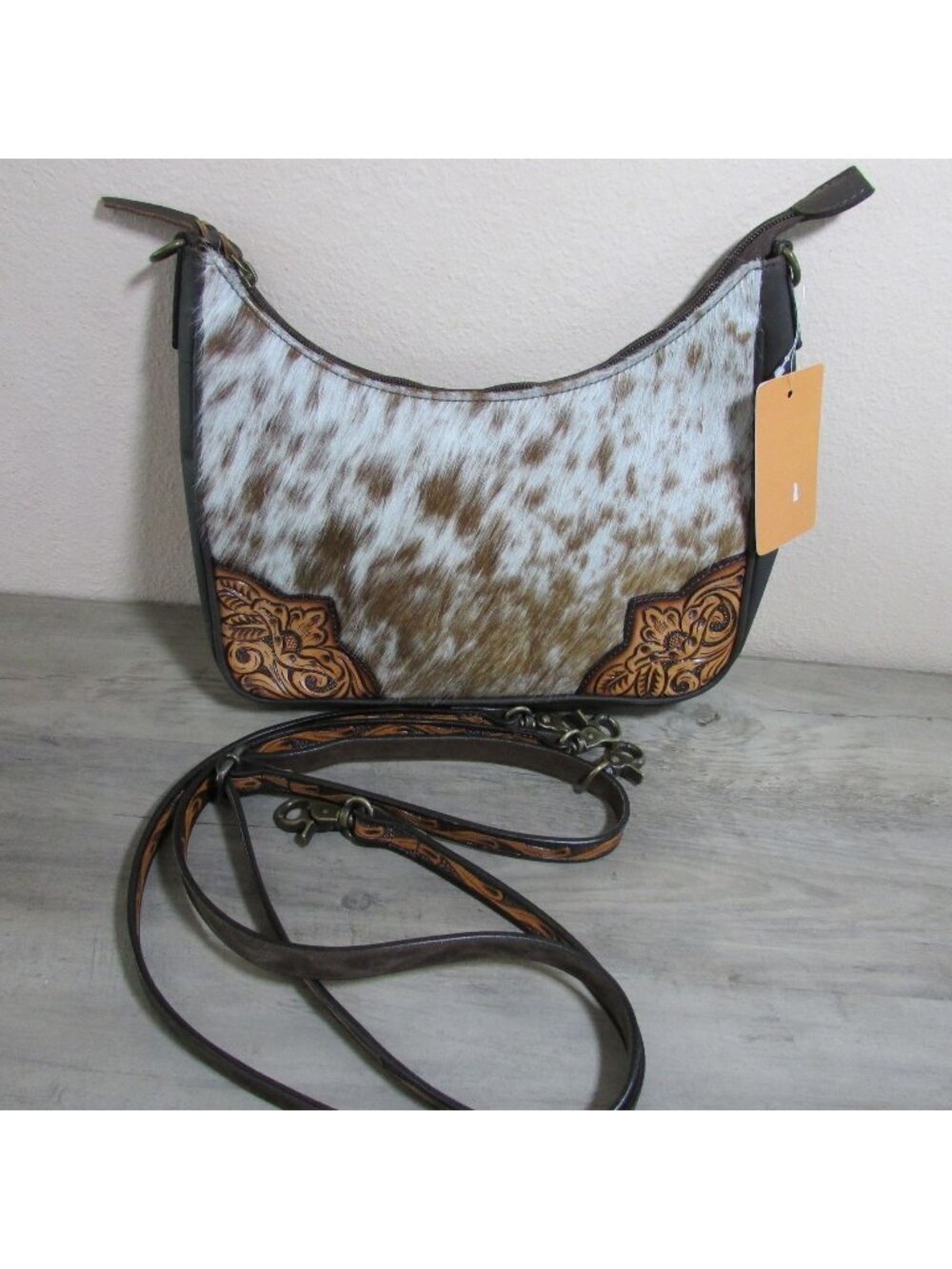 Tooled Leather & Cowhide Shoulder Bag Brown